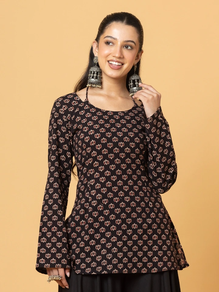 Black Ajrakh Printed Halter Tie-Up Short Kurti