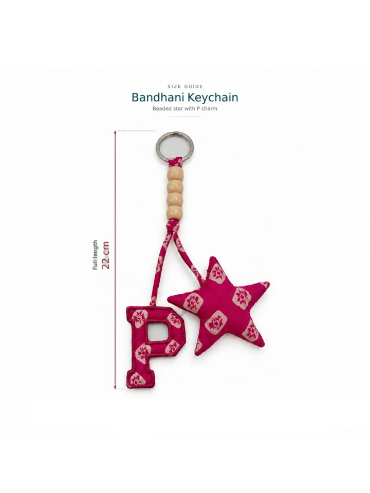 Pink Bandhani Customizable Letter Keychain With Tassel and Star Charm
