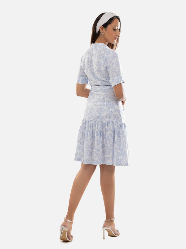 White Paisley Print Collar Neck Mini Fit and Flare Dress 6