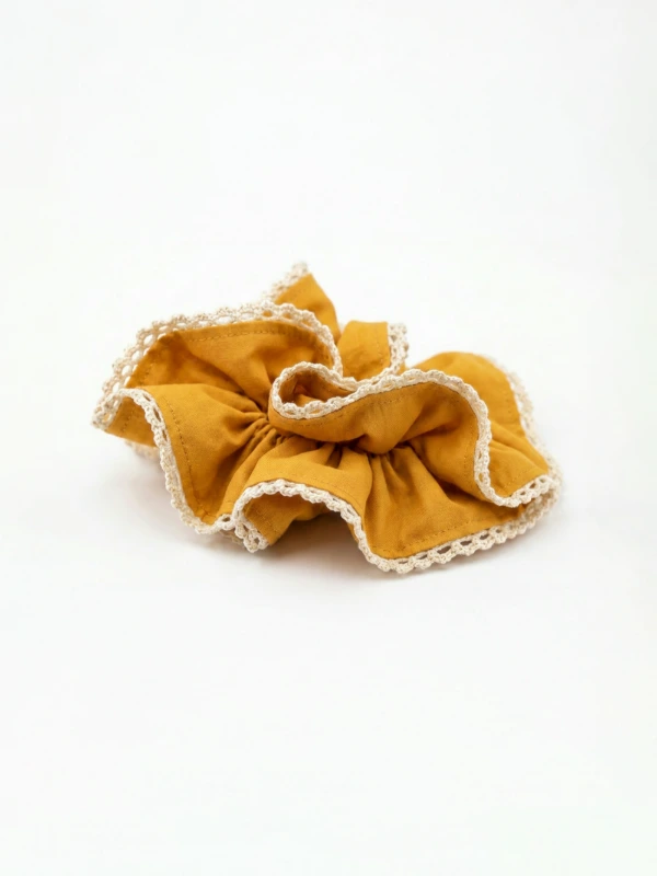 Mustard Yellow Double Layer Scrunchie With Lace Trim 3