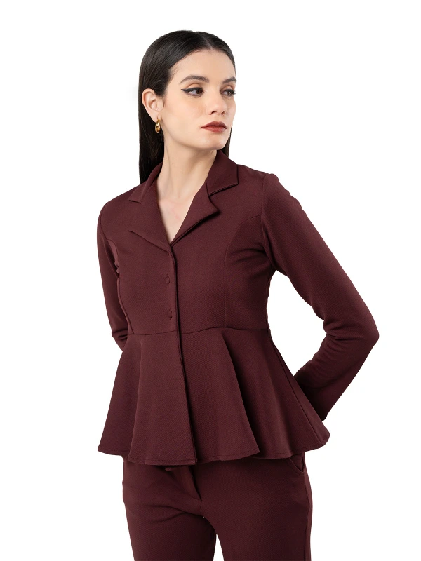 Maroon Peplum Top And Flared Pant Co-Ord Set 4