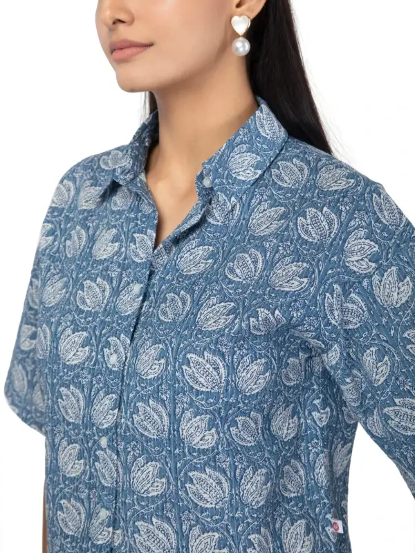 Blue Cotton Floral Crop Shirt With Stand Collar 3
