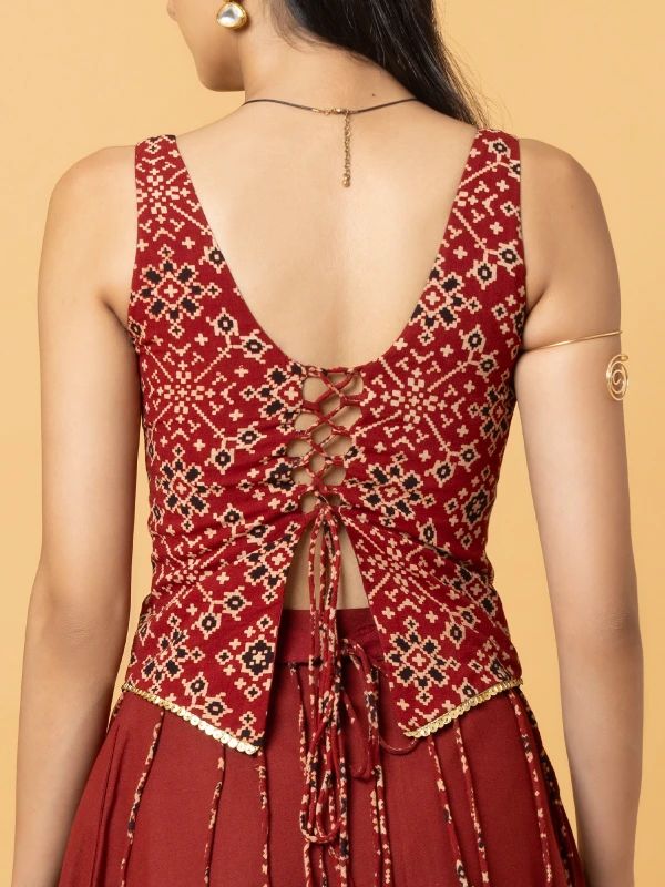Maroon Ajrakh Printed Corset Crop Top 4