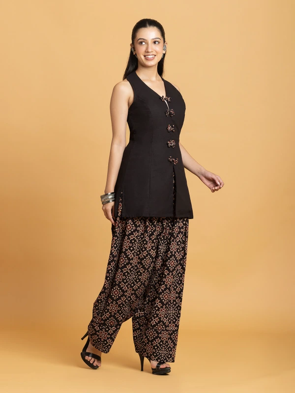 Black Halter Kurti With Printed Farsi Kurta Set for Women 4