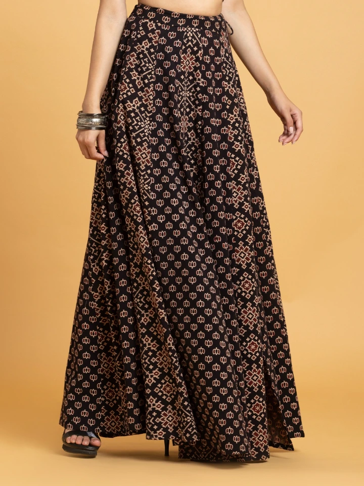 Black Ajrakh Multi-Panelled Flared Maxi Skirt
