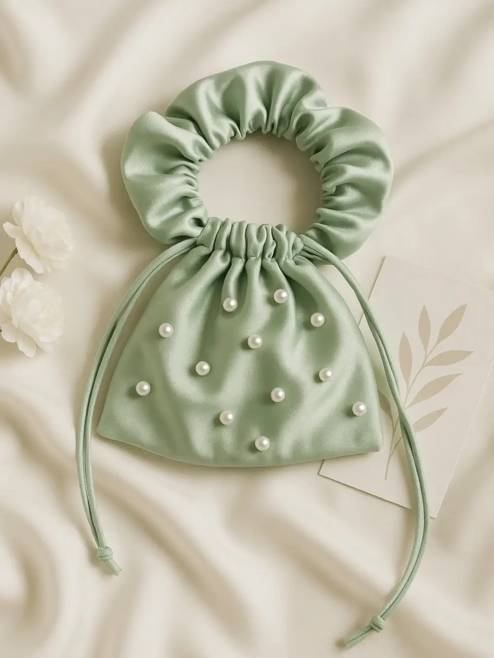 Green Satin Potli Bag with Pearl Detailing
