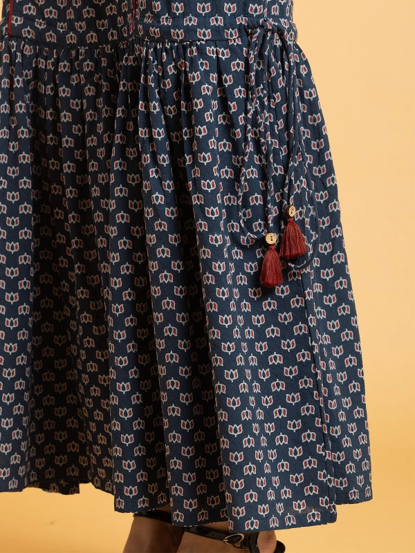 Navy Blue Ajrakh Printed Convertible Fit-and-Flare Dress 6