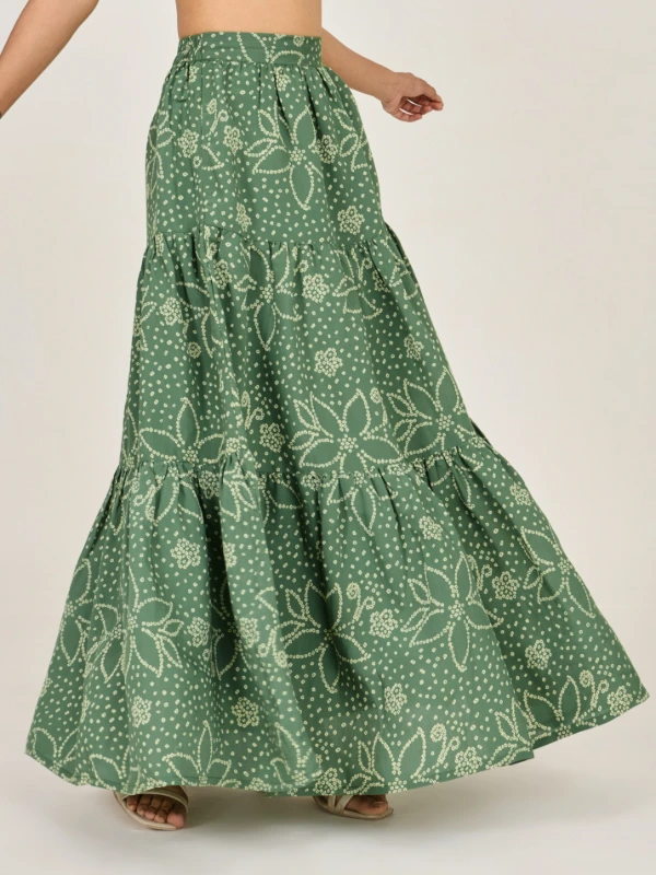 Green Bandhani Printed Tiered Prairie Skirt 3