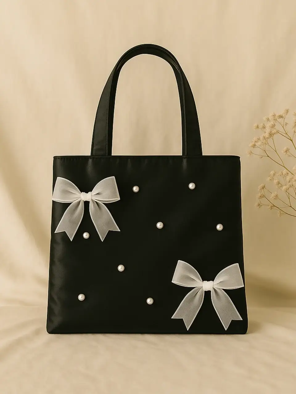 Black Tote Bag with Pearl and Bow Details