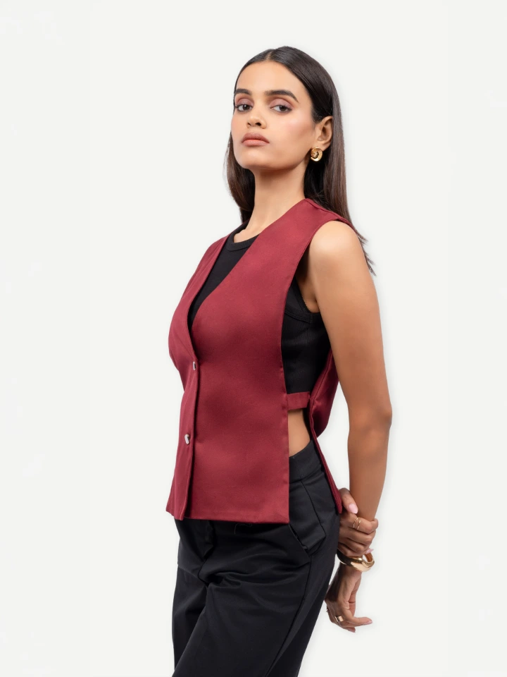 Maroon Formal V Neck Sleeveless Waistcoat