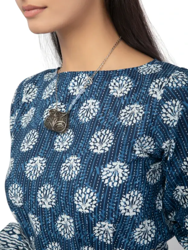 Blue printed cotton co-ord set for women with belt 6