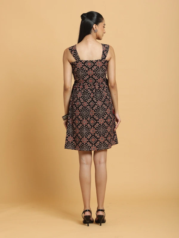 Black Ajrakh Printed Fit-and-Flare Mini Dress 4