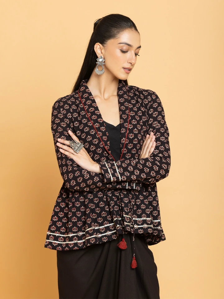 Black Ajrakh Printed Ethnic Shrug for Women