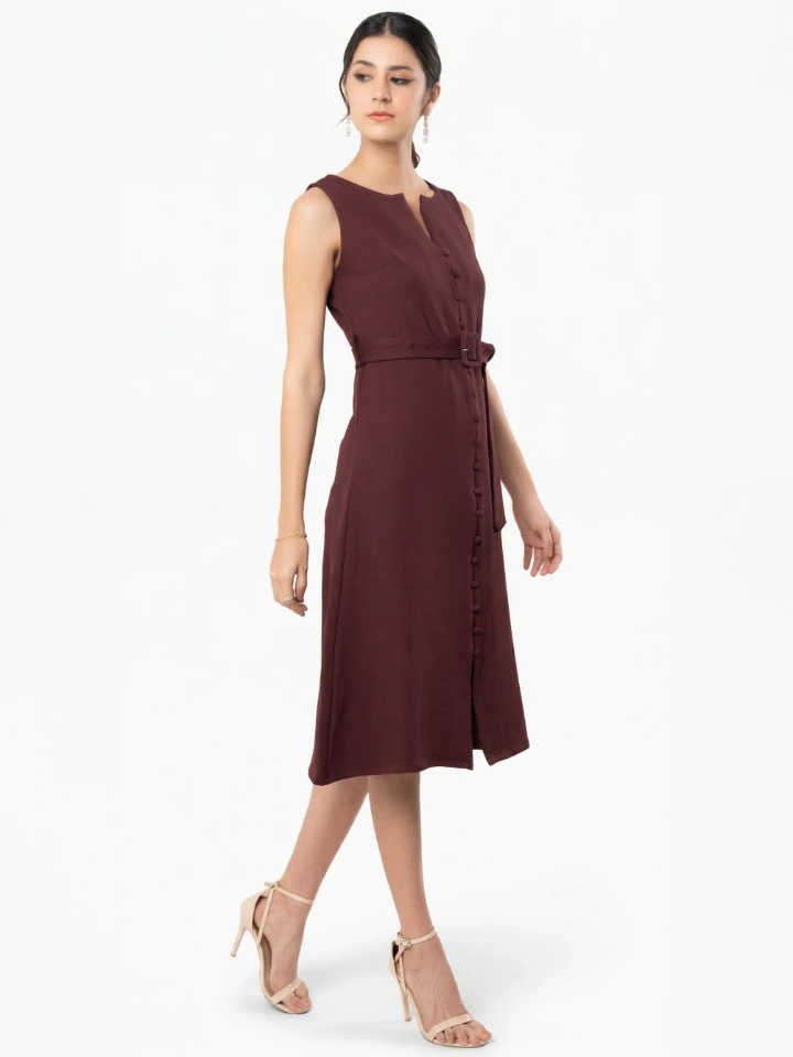 Maroon Crew Neck Dress With Slit, Fabric Loop Button, And Belt
