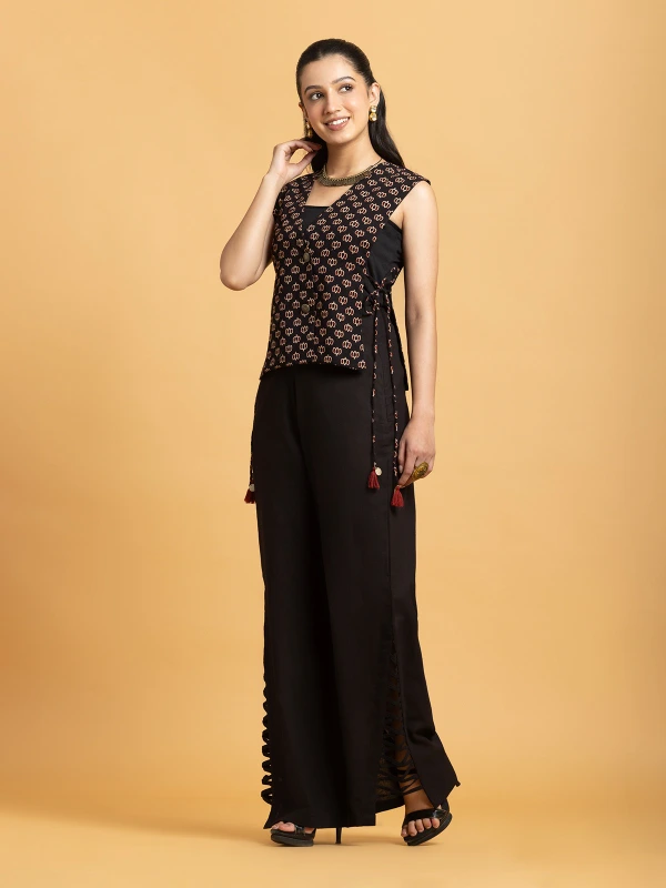 Black Ajrakh Printed Wrap Style Ethnic Waistcoat for Women 2