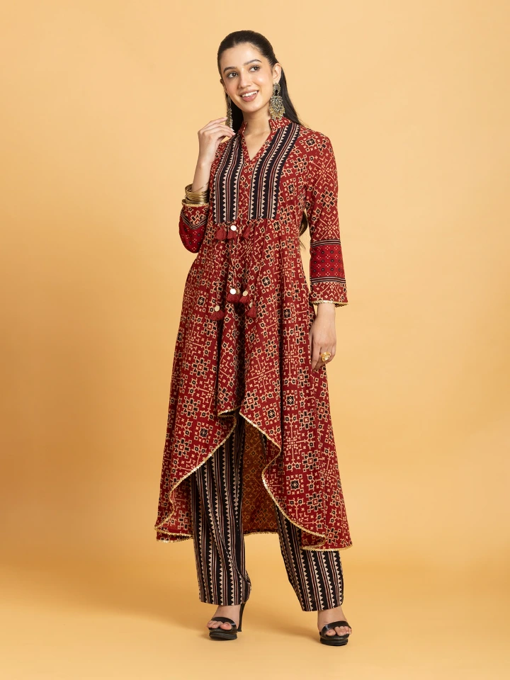 Multicolor Ajrakh Printed High Low Kurta Set
