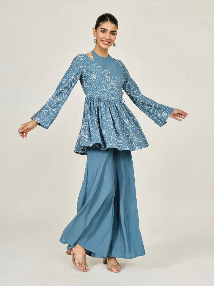 Blue Bandhani Printed Angrakha Top & Flared Palazzo Co-Ord Set