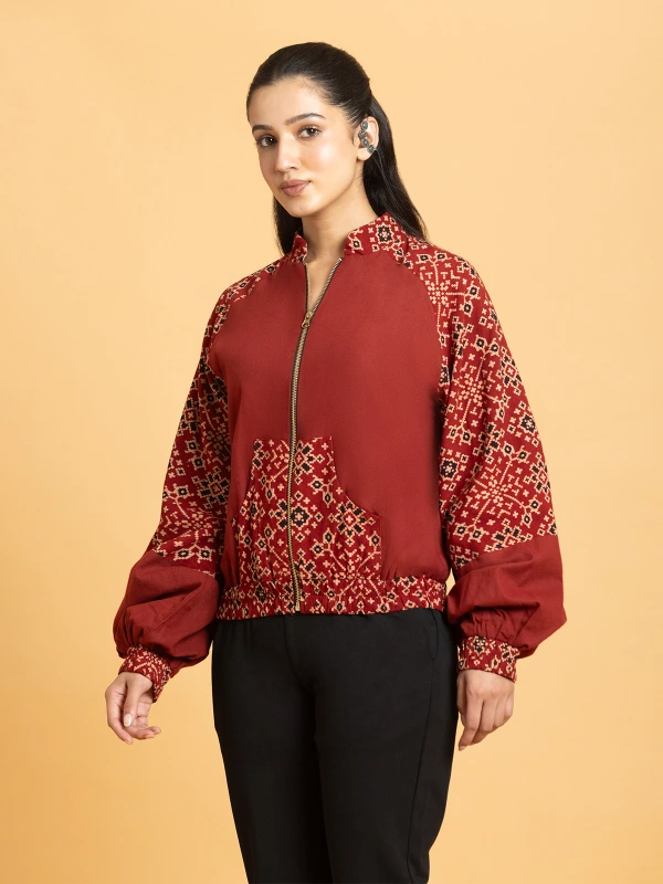 Maroon Ajrakh Printed Bomber Jacket for Women 3