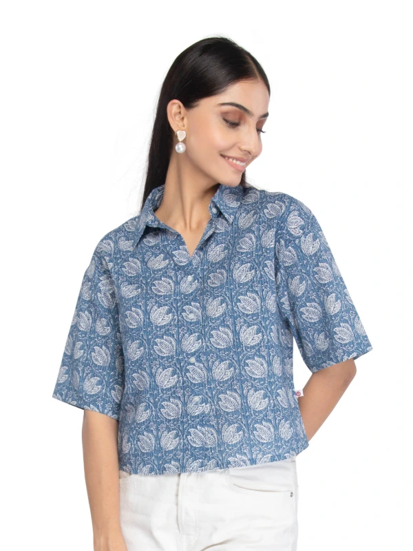Blue Cotton Floral Crop Shirt With Stand Collar 2
