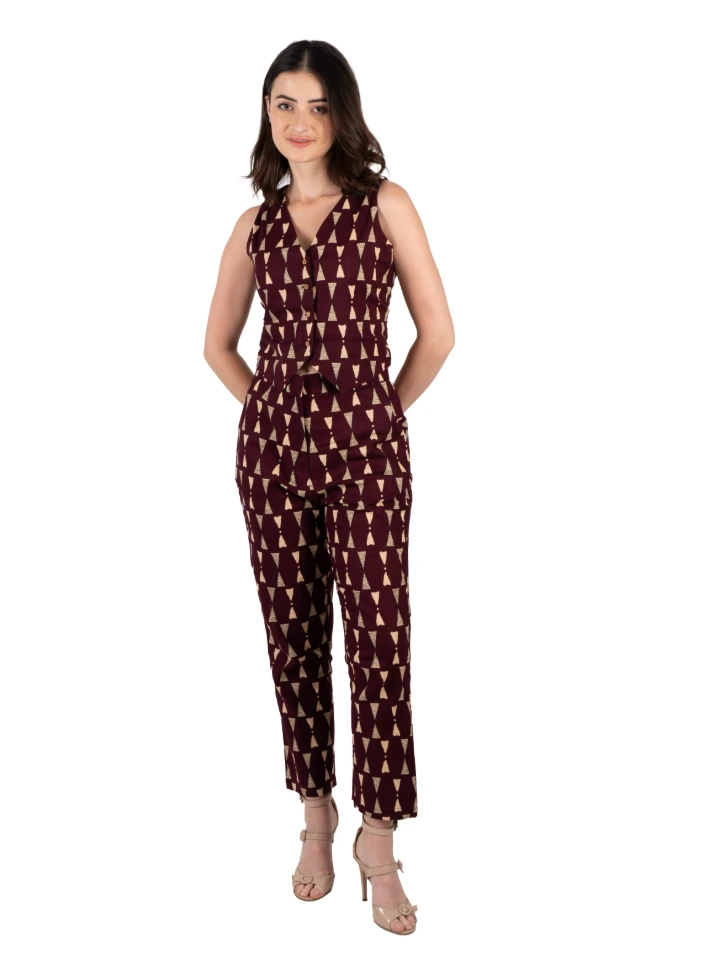 Maroon Printed Waistcoat & Trousers Cotton Co-ord Set