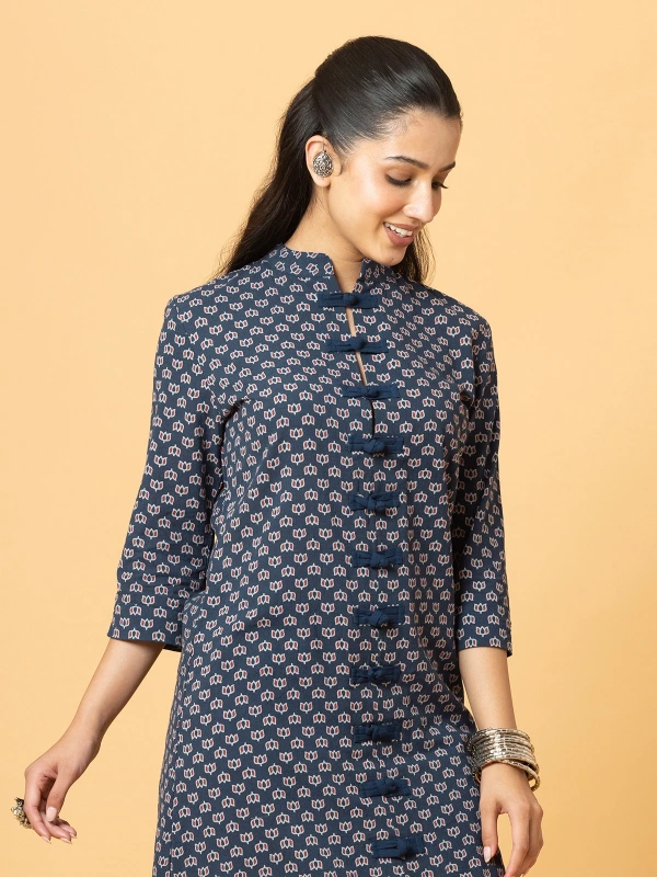 Navy Blue Ajrakh Printed A-Line Kurta With Fabric Frog Knots 3