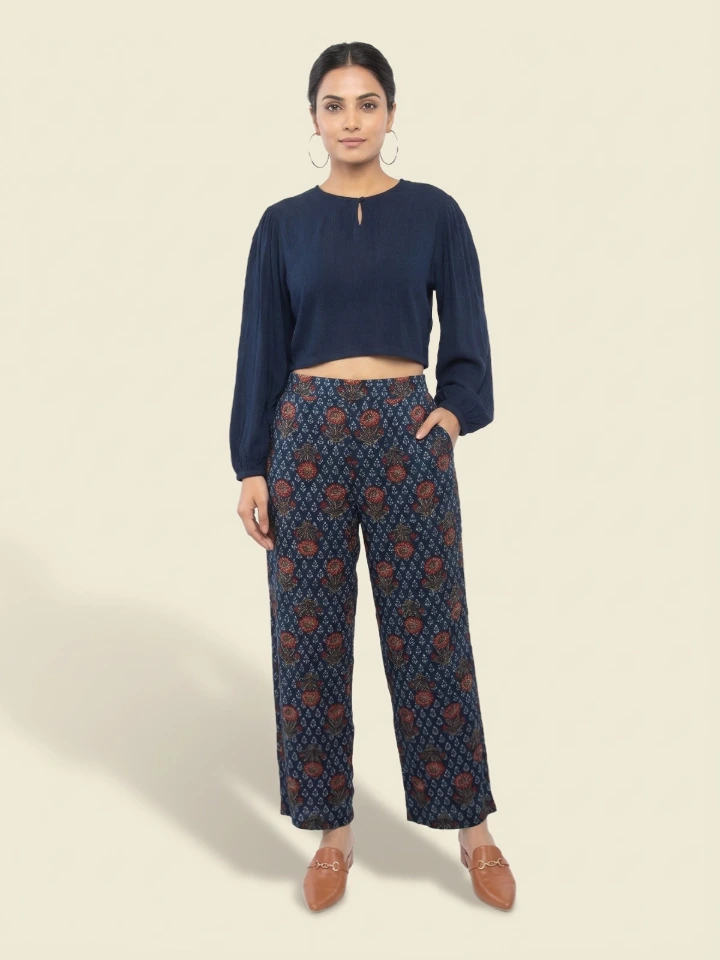 Blue Viscose Crop Top With Straight Pants Coord Set