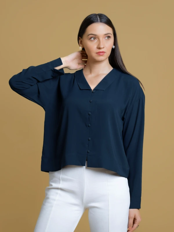 Blue Solid Formal Shirt For Women 5