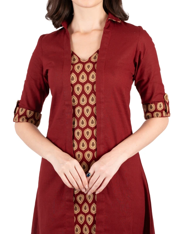Maroon Printed Cotton A-Line Kurta 6