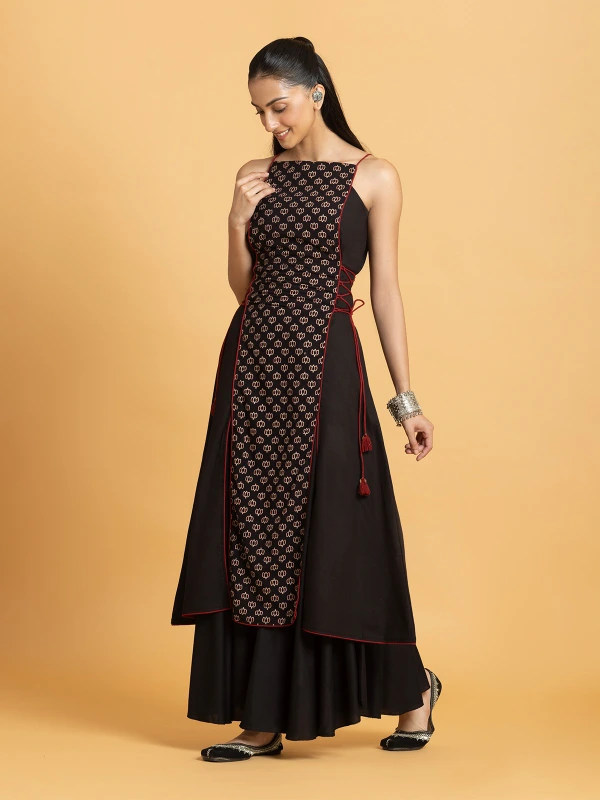 Black Ajrakh Printed A-Line Kurta With Solid Side Panel 2