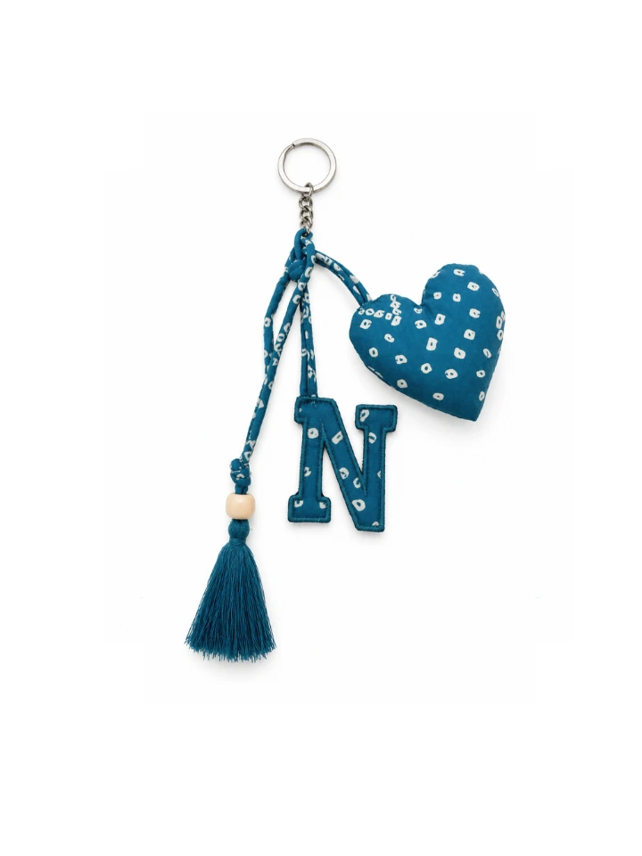 Blue Bandhani Customizable Letter Keychain With Tassel and Heart Charm