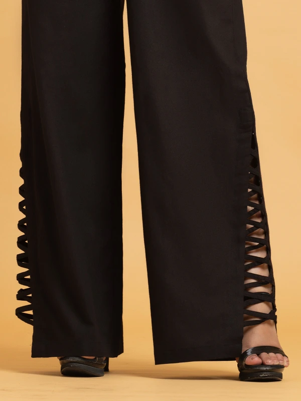 Black High-Waisted Lace-Up Wide-Leg Pants 3