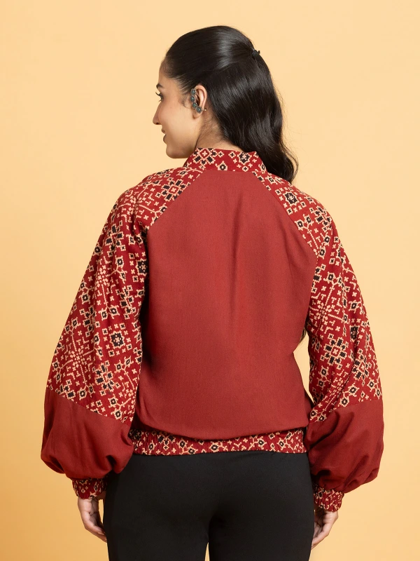 Maroon Ajrakh Printed Bomber Jacket for Women 4