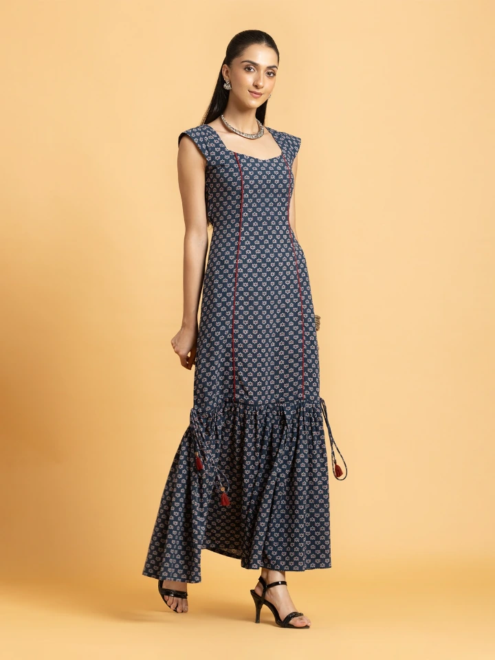 Navy Blue Ajrakh Printed Convertible Fit-and-Flare Dress
