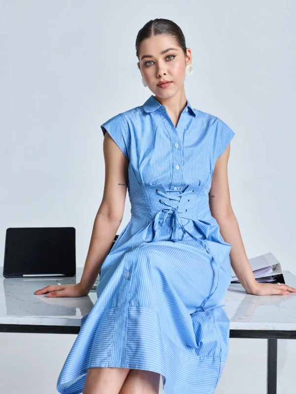 White Striped Dress With Lace-up Corset Waist 2