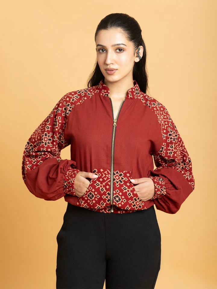Maroon Ajrakh Printed Bomber Jacket for Women