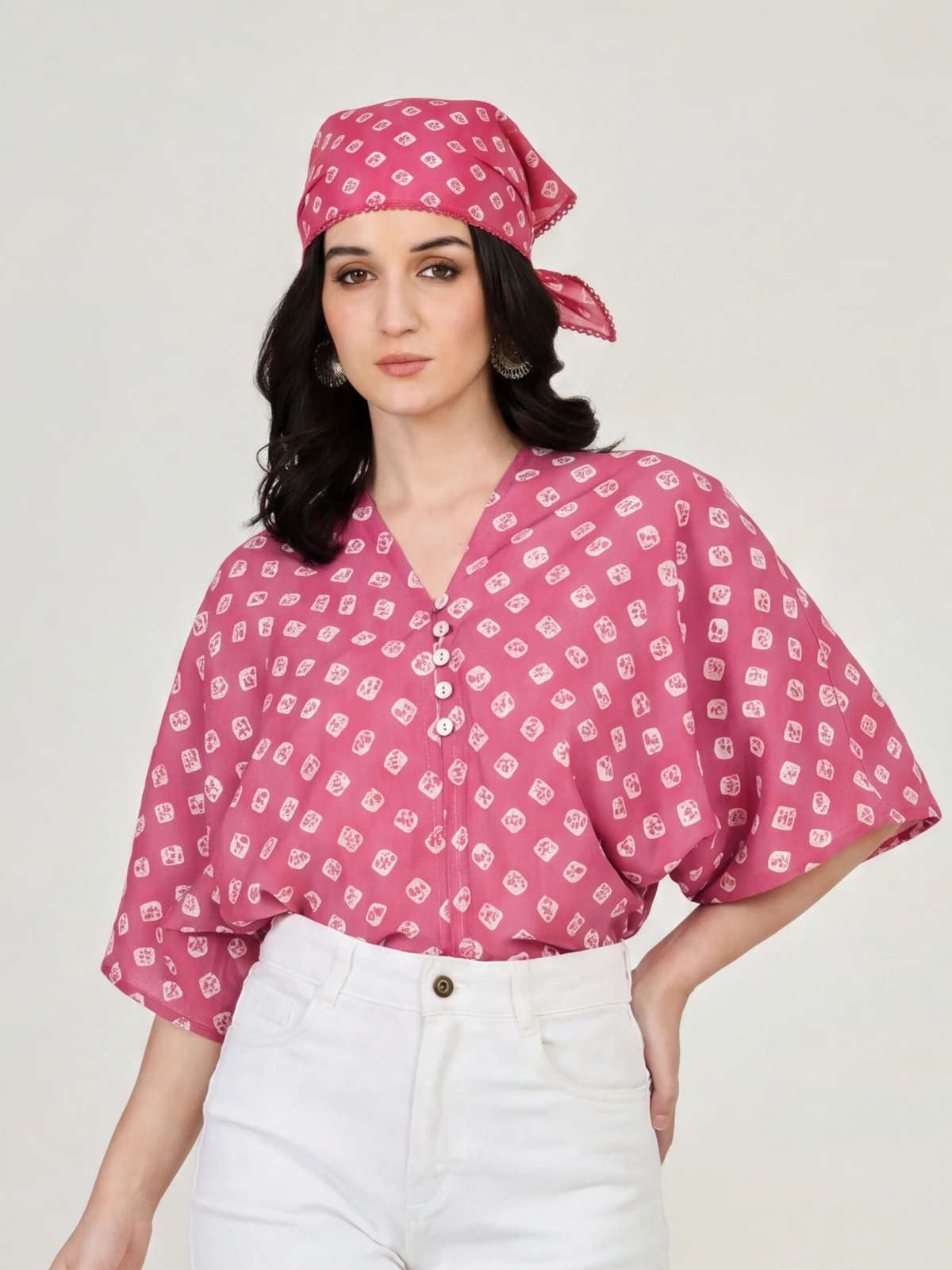 Pink Bandhani Printed Bandana Scarf thumbnail 2