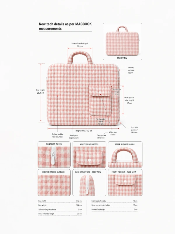 Light Pink Gingham Laptop Sleeve Bag With Utility Pocket for MacBook 5