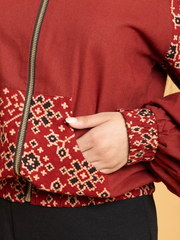 Maroon Ajrakh Printed Bomber Jacket for Women 5