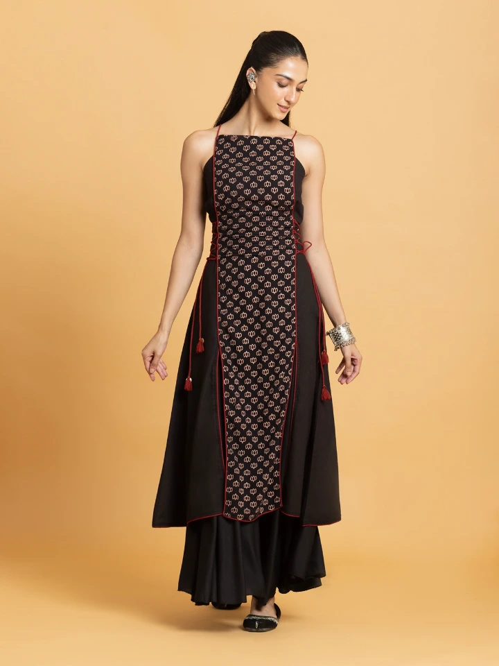 Black Ajrakh Printed A-Line Kurta With Solid Side Panel