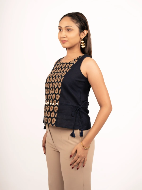 Blue Printed Cotton Sleeveless Top 3