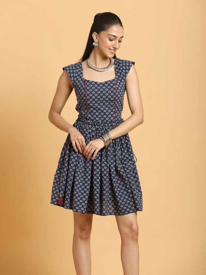 Navy Blue Ajrakh Printed Convertible Fit-and-Flare Dress