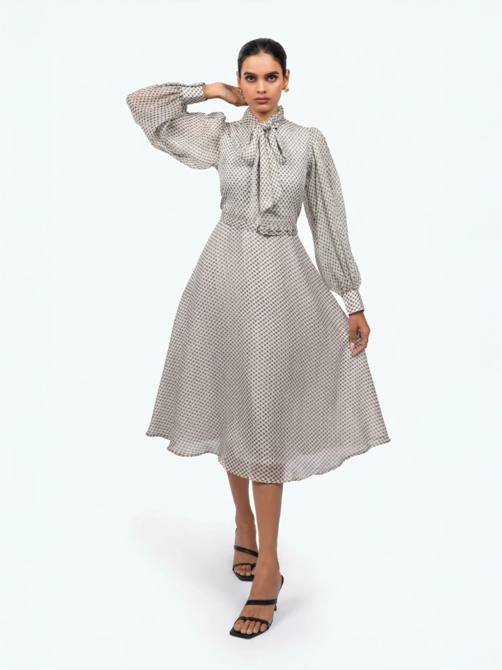 Off-White Formal Tie-up Neck Bishop Sleeve Fit and Flare Dress