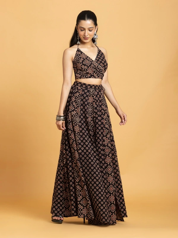 Black Ajrakh Wrap Halter Top & Flared Maxi Skirt Lehenga Set 4
