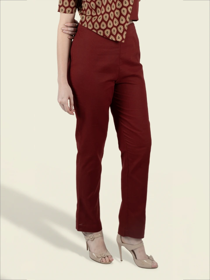 Burgundy High Waist Cotton Formal Pants