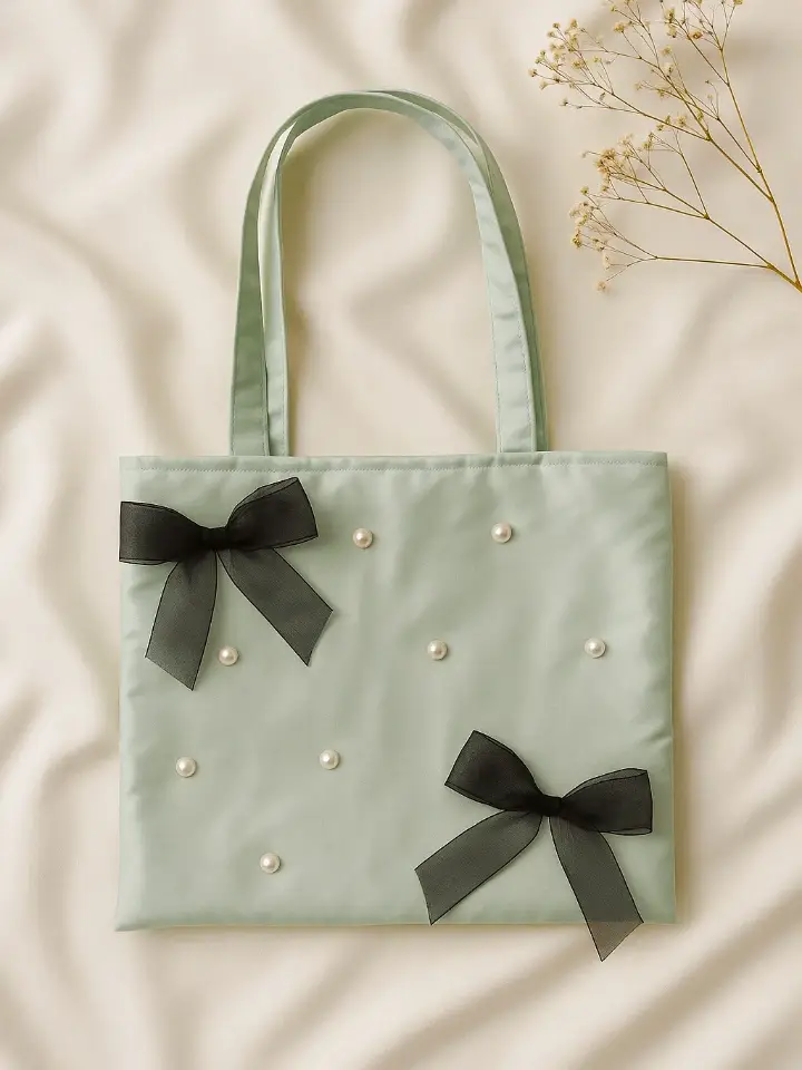 Green Tote Bag with Pearl and Bow Details