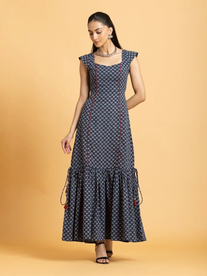 Navy Blue Ajrakh Printed Convertible Fit-and-Flare Dress