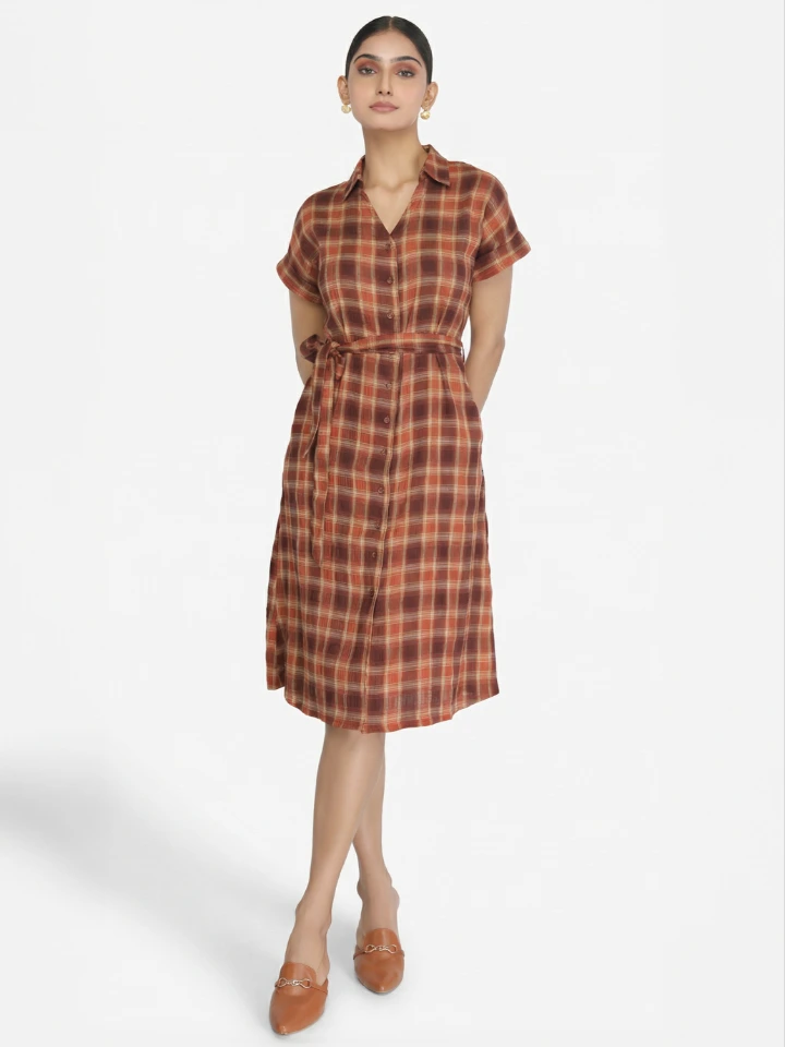 Brown Shirt Dress With Checked Pattern