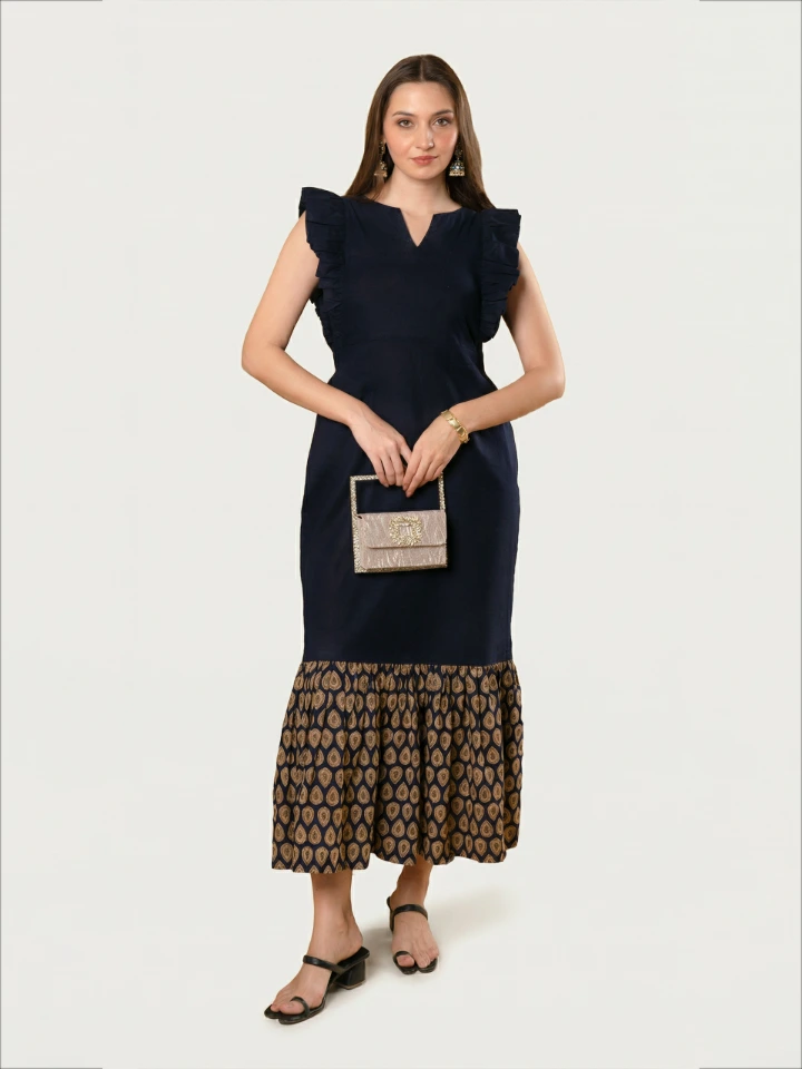 Blue Cotton Fit And Flare Dress