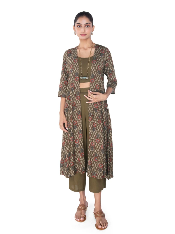 Green Viscose 3-Piece Coord Set With Crop Top, Pants, And Shrug 1