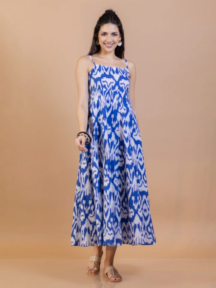 Blue Ikat Cotton Fit and Flare Maxi Dress